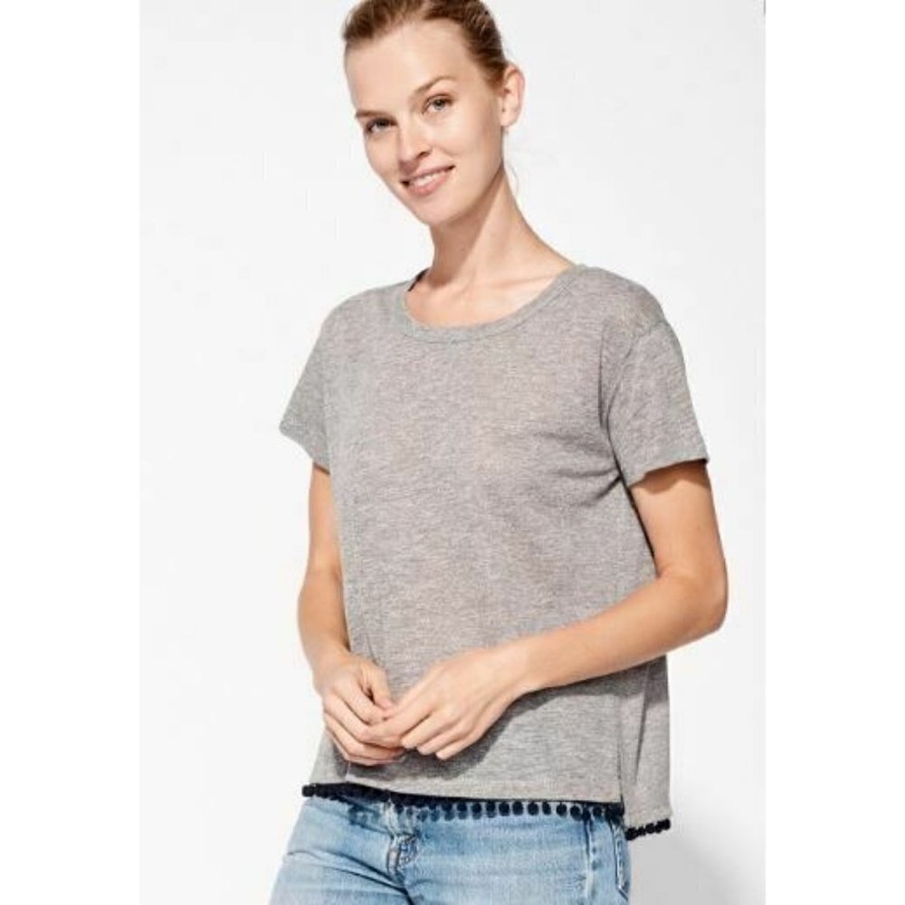 NWT Sundry Grey T-Shirt Womens 0/XS Blue PomPom Trim Short Sleeve